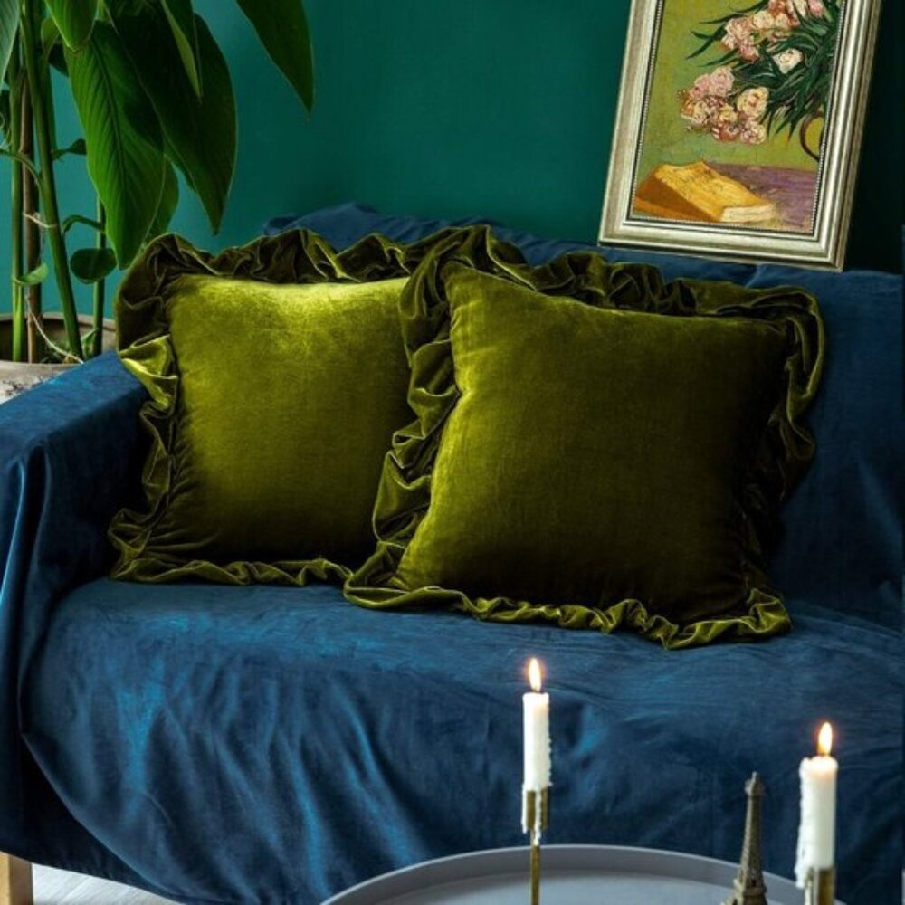 New 18x18Inch Soft Decorative Velvet Throw Pillow Covers for Sofa - Olive Green